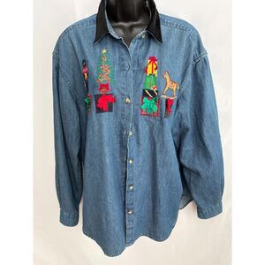 CASEY & MAX Long Sleeve Denim Embroidery/Appliqué Xmas Shirt Size XL 100% Cotton